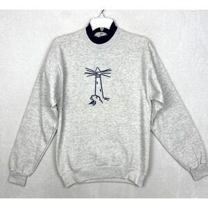 Vintage Orvis Sweater Mens Small Gray Made In USA Crewneck Blue Lighthouse